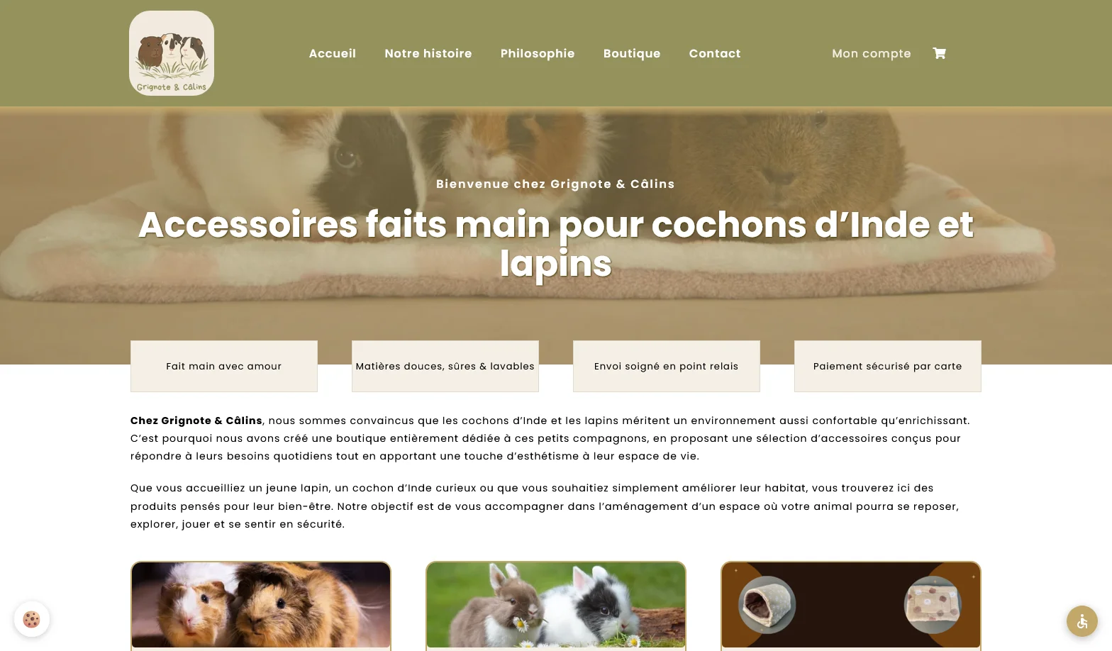 Création du site e-commerce Grignote & Câlins, accessoires faits main pour cochons d'Inde et lapins, par Sarthewebconsulting au Mans en Sarthe