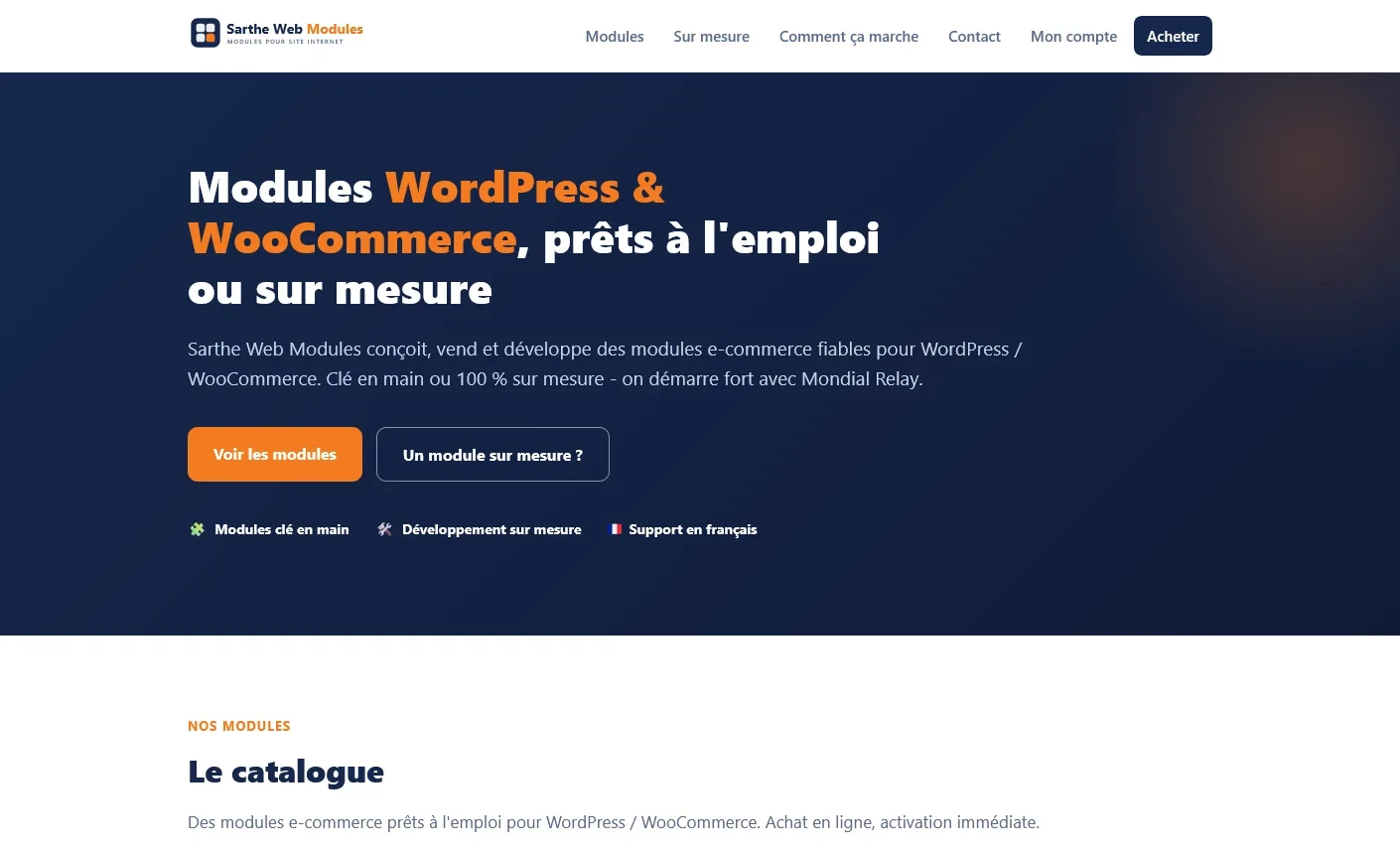 Création du site Sarthe Web Modules, boutique de modules WordPress et WooCommerce, par Sarthewebconsulting