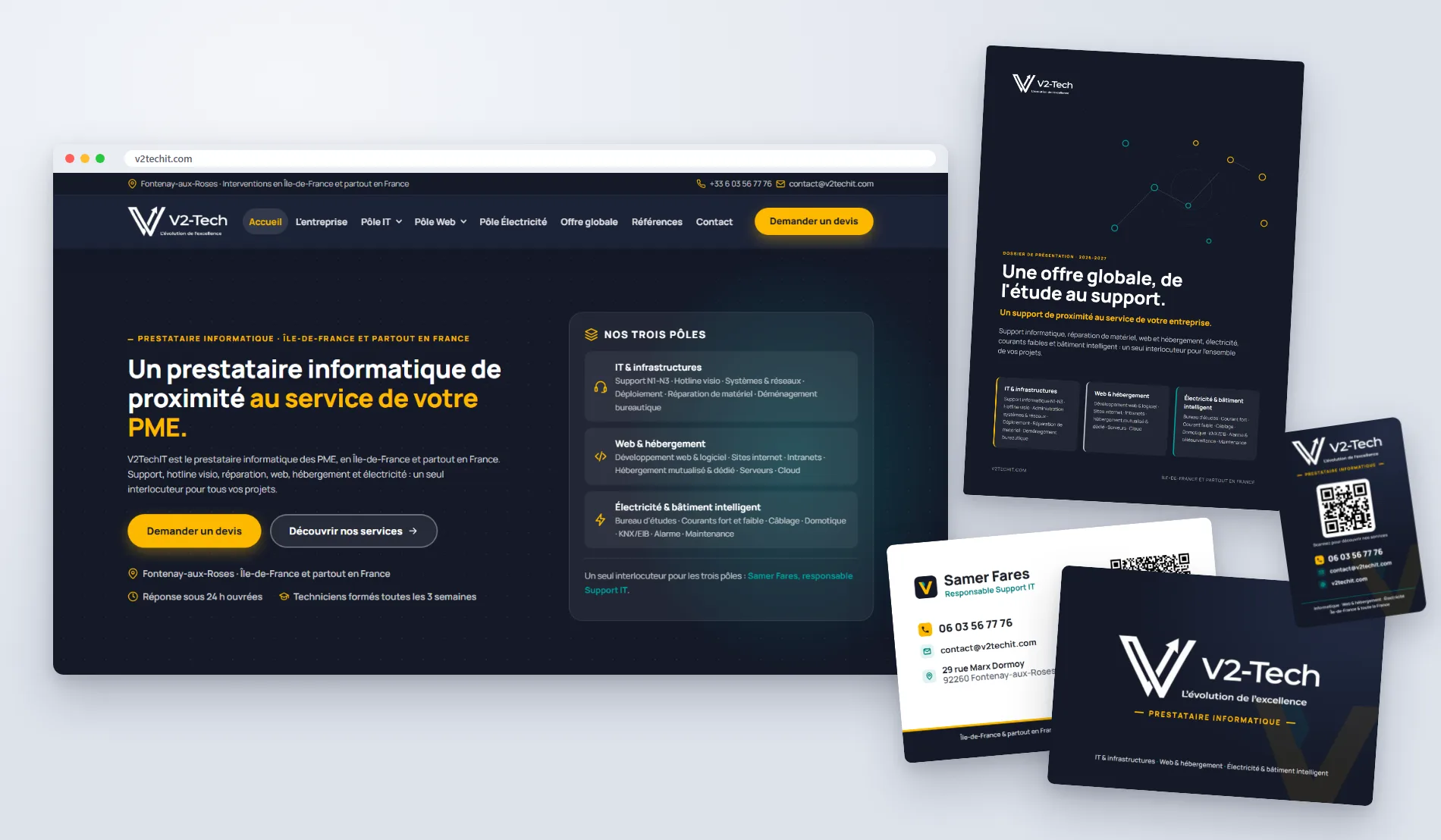 V2TechIT, prestataire informatique en Île-de-France : audit SEO, étude de la concurrence, site internet, plaquette commerciale, carte de visite et sticker réalisés par Sarthewebconsulting